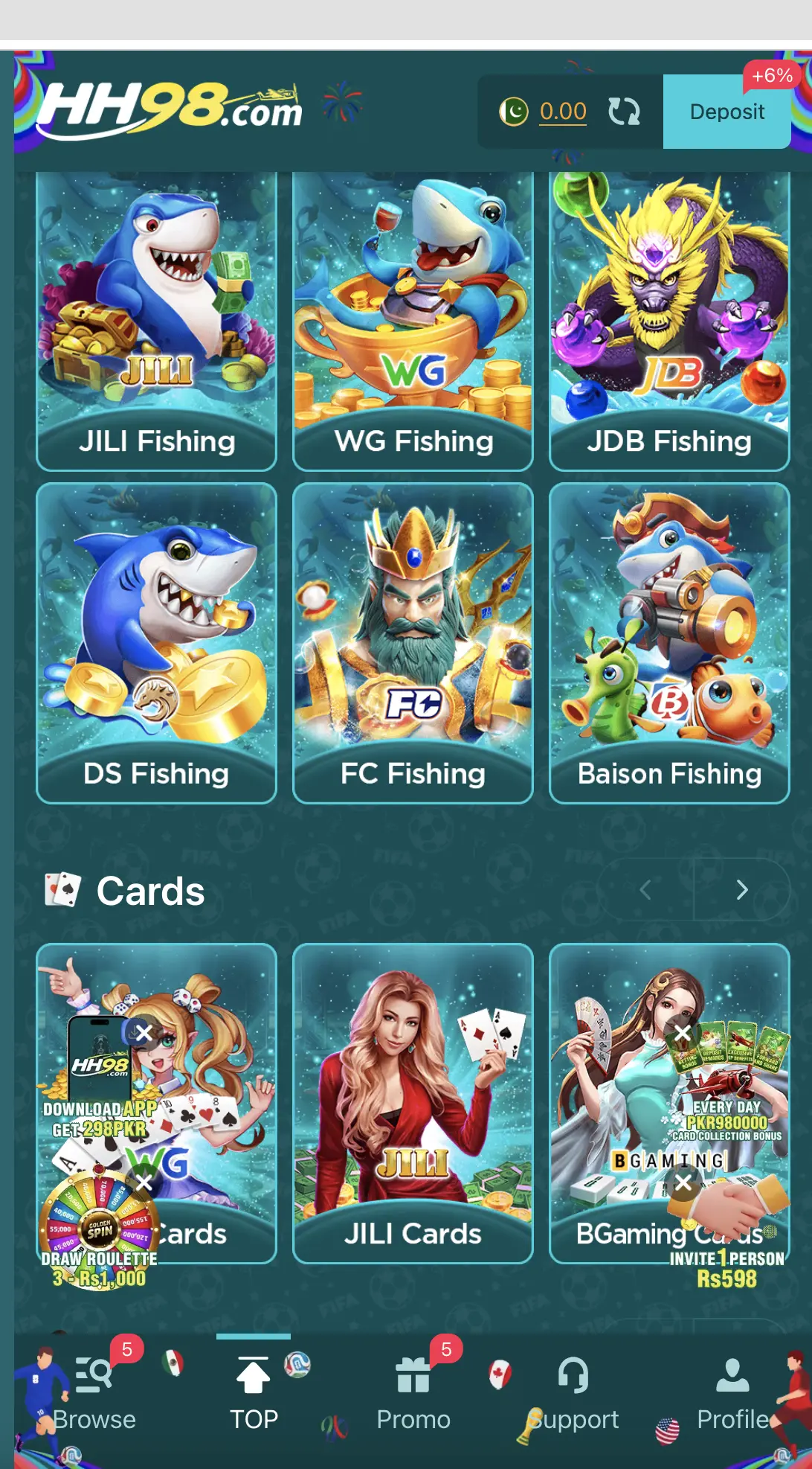 HH98 app fishing and card games screen
