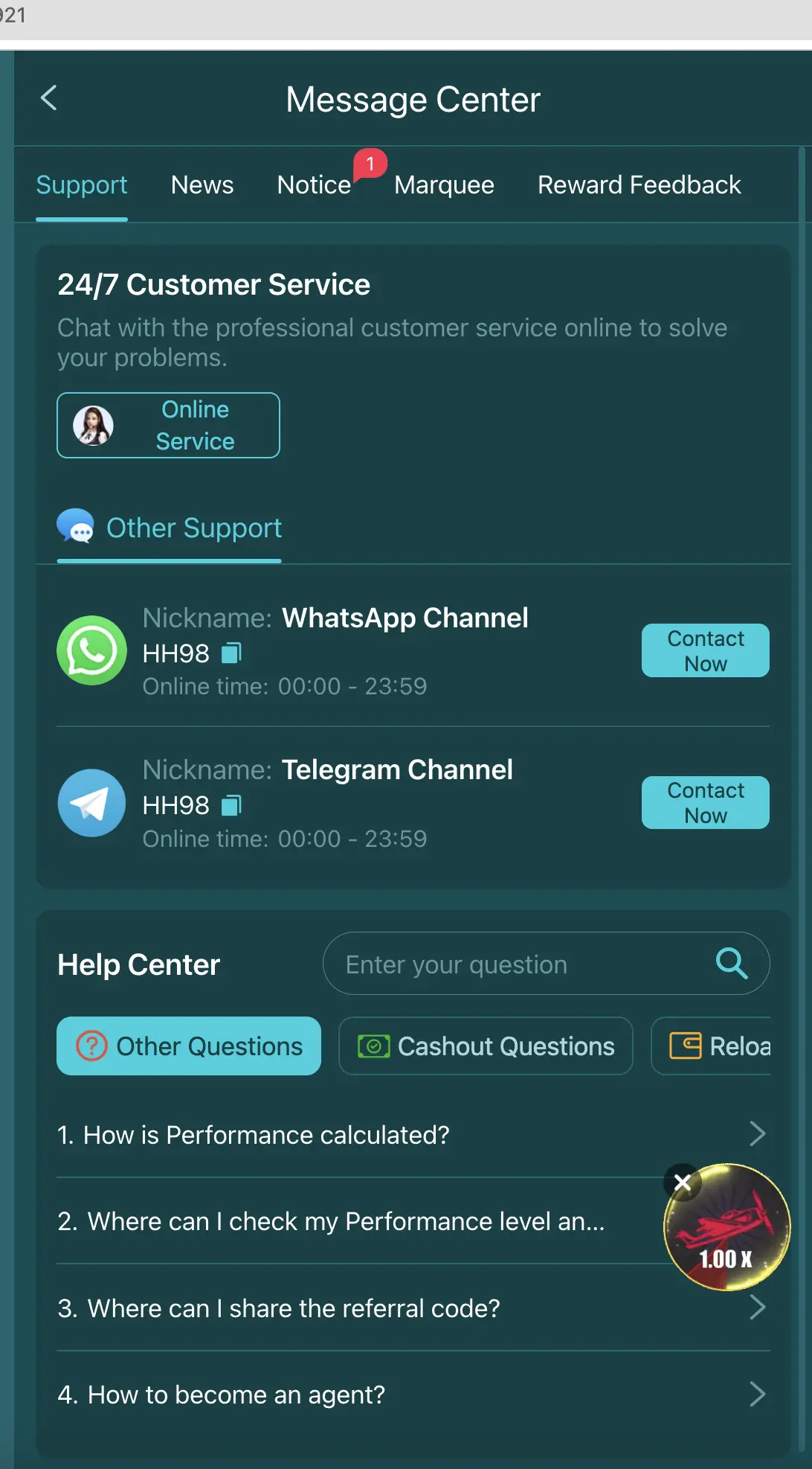 In-app support and message centre